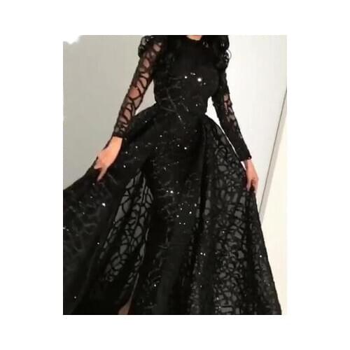 Women Dress 2020 Summer Long-Sleeved Sequined Expandable Evening Gown Party Dress High Waist Big Swing Black Dresses