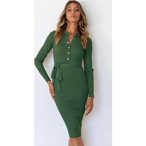 Autumn Dresses For Women Casual Bodycon Long Sleeve Knitted Slim Midi Dress Winter Button Lace Up Pencil Office Lady Vestidos