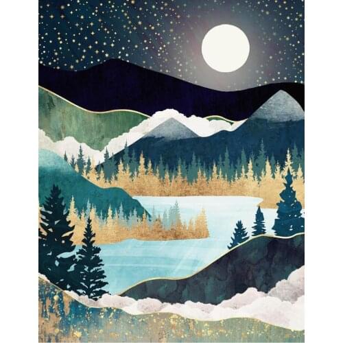 Gold And Blue Super Star Lake Mountain Painting Abstract Canvas Geometric Landscape Picture Printing Wall Art Bedroom Home Decor