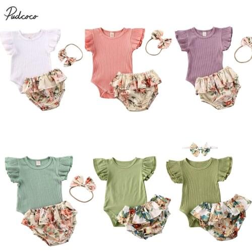 2020 0-18M Baby Summer Clothing Infant Newborn Baby Girl Ruffled Ribbed Bodysuit Floral Shorts Headband 3Pcs Set