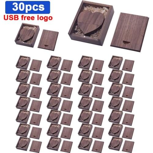 30pcs free LOGO customized wooden Heart USB + BOX USB Flash Drive Pendrive 64GB 32GB 16GB 8GB U Disk photography wedding gifts