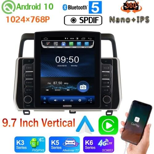 9.7" Vertical Tesla Android 10 Car Media Radio GPS PX6 4+64G For Toyota Land Cruiser Prado 150 2017 2018 2019 360 Camera 4G WiFi