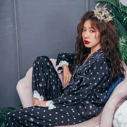 Long Pajamas for Women Summer Satin Silk Sleepwear 2 Pieces Set Sleep Tops Pant Print Pijama Night Wear Loungewear Home Clothes