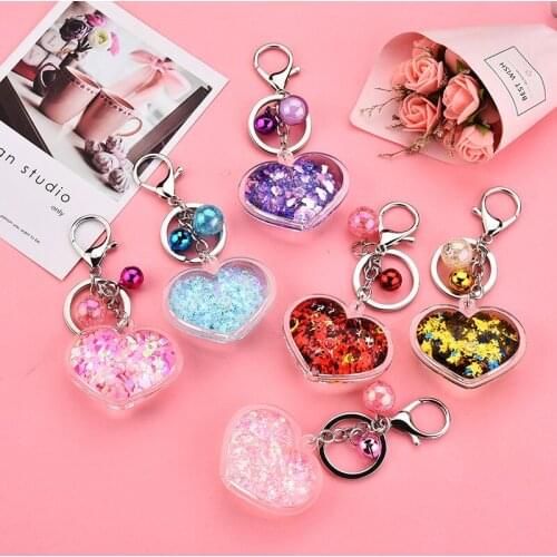 1pc Cute Moving Liquid Keychain Haert Quicksand Bottle Key Chain Car Bag Pendant Keyring Key Holder Women Couple Trinket Gifts