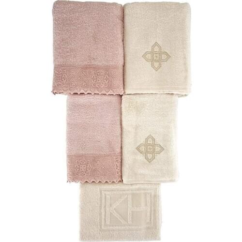 Karaca Home Naya Pudra- Gold Family Turkish Bath Set-2 Pieces Towels 85x150 cm 2 Pieces Towels 50x90 cm 1 Piece Mat 50x70 cm