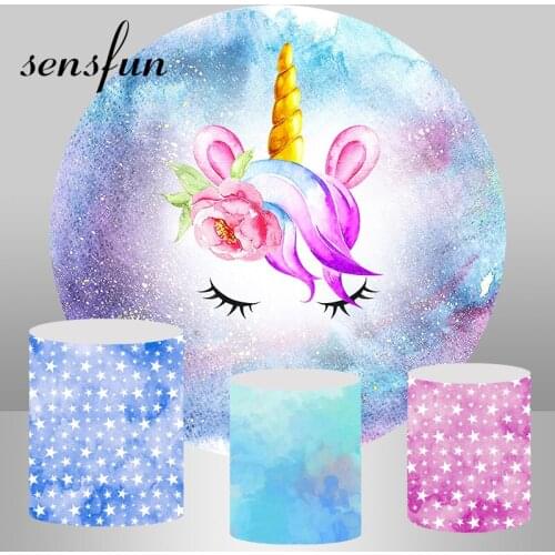 Unicorn Round Backdrops For Photography Watercolor Blue Pink Tone Little Stars Girls Newborn Birthday Party Circle Backgrounds