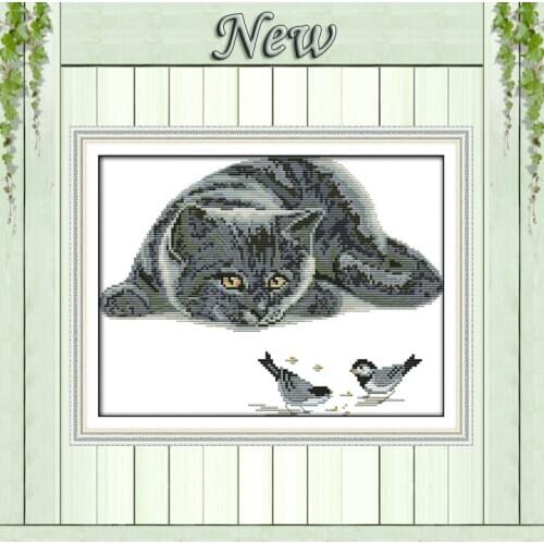 The curious cat and birds decor painting counted printed on canvas DMC 14CT 11CT NKF Cross Stitch Embroider kits Needlework Sets
