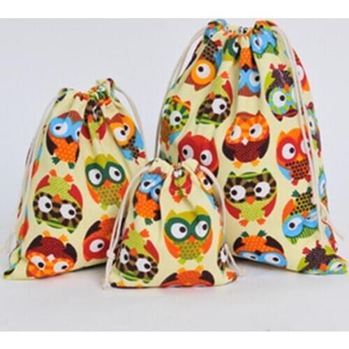 Cartoon Owl Drawstring Storage Bags Canvas Pouch Gift Candy Tea Jewelry Sundries Organizer Makeup Cosmetic Coins Keys Bags L