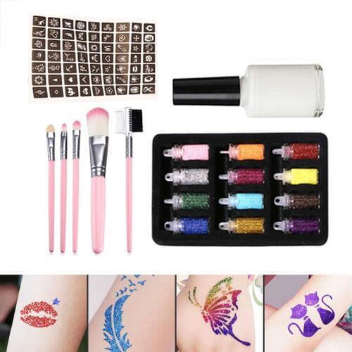 New Flash Temporary Tattoo Set 12 Flash Powder 1 Templates 1 Glues 5 Brushes Childrens Temporary Tattoo Set For Teens Adults