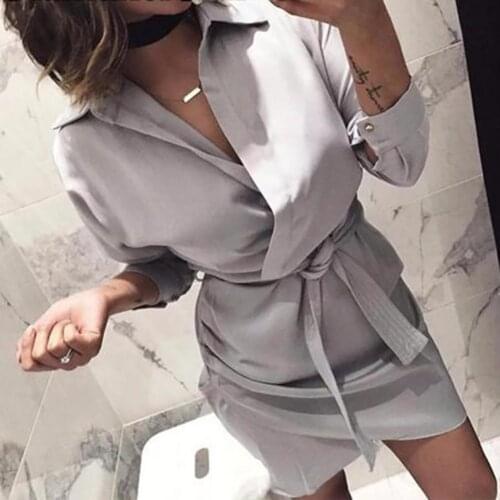 Solid Color Women Lapel V Neck Long Sleeve Belted Shirt Irregular Mini Dress mujer faldas plus size kawaii skirt pink skirt