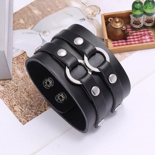Punk Men Cuff Bangle Jewelry Black Brown Charms Circle Layer Wrap Bracelet Wristband Bracelets Gift Men Women