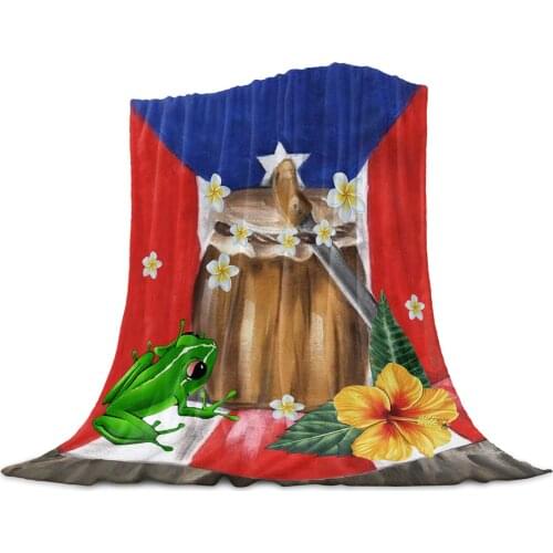 Puerto Rico Flag Frog Hibiscus Throw Blanket for Sofa Christmas Decoration Bedspread Portable Microfiber Flannel Blanket