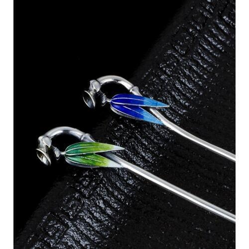 925 Sterling Silver Chinese Hair Stick Bamboo Luxury Jewelry Cloisonne Enamel Hairpins Green Blue Vintage Head Accessories