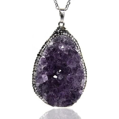 Silver Plated Irregular Shape Natural Purple Amethysts Crystal Pendant Link Chain Necklace Ethnic Style Jewelry