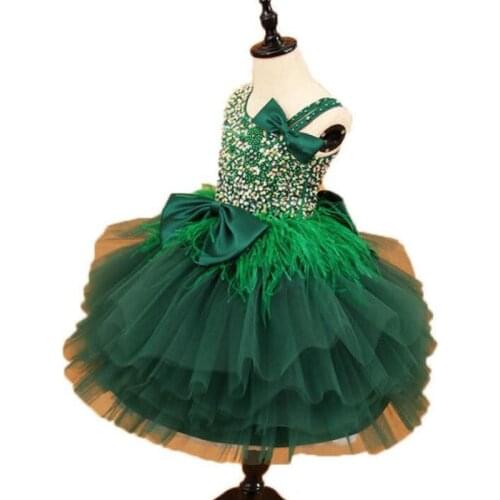 Dark Green Ball Gown Flower Girl Dresses for Weeding Handmade Beading Tulle Bowknot Kids Birthday Party Princess Dress Long