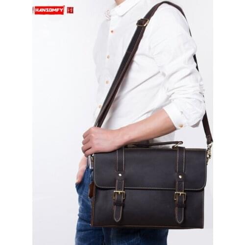 Vintage Leather Business Mens Briefcase Men Laptop Bag Simple Personality Shoulder Diagonal Bag Male Leather Handbags Original