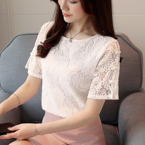 Summer Style Women Elegant Blouses Shirts Lady Lace Casual O-Neck Hollow Out Korean All-Match Short Sleeve Blusas Tops MM0985