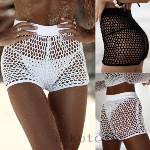 2019 Summer Women Hollow Out Briefs Shorts Solid Color Girl Crochet Swimwear Low Waist Ladies Net Beachwear Bathing Shorts