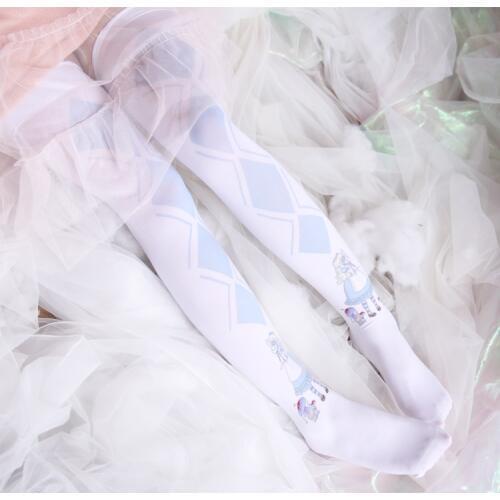 Miss Alice Womens Lolita Over-knee Stockings Blue-and-White Diamond Printing Thigh High Long Stockings Cosplay Good Quality