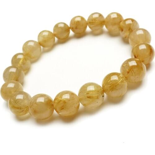 12mm Natural Titanium Rutilated Quartz Bracelet Genuine Gold Gems Stone Crystal Stretch Natural Rutilated Quartz Bracelet