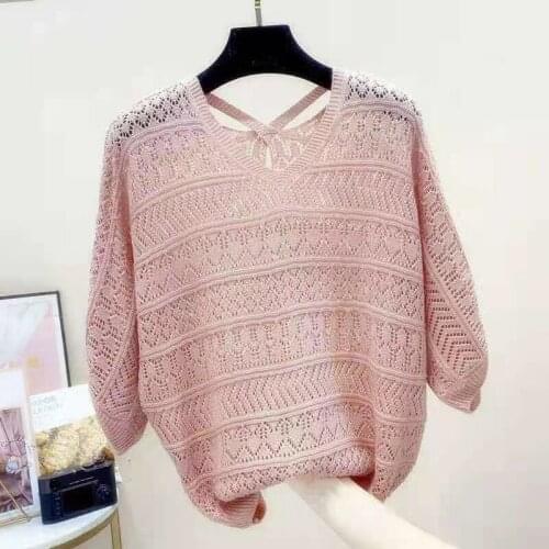 Women Summer Hollow Out Pull Tops Short Sleeve O-neck Loose Knitted Pullover Thin Female Korea Pull Jumpers Femme Pink Top