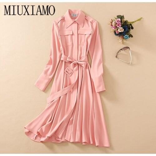 MIUXIMAO 2021 Spring&Summer Newest Elegant Full Sleeve Solid Pocket Casual Midi Dress Women Vestidos With Belt
