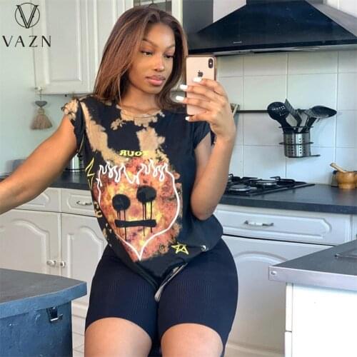 VAZN 2021 INS Fancy Lazy Free Black High Street Yong Nature Joker Fashion Round Neck Tank Sleeve Women Regular Tees