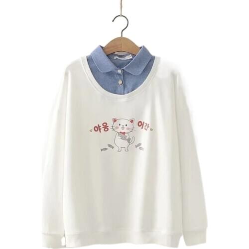 2021 spring fresh sweet cat print womens loose-fitting fake two-piece turn-down collar long-sleeve Sweatshirts 2012537