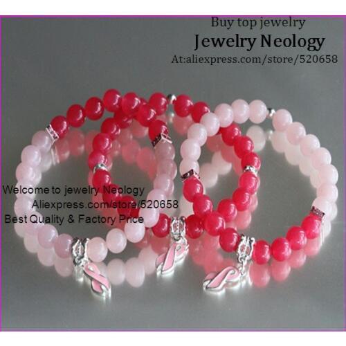 5set ,15pcs Fashion Jewelry rose and pink bead stretch bracelet AKA style, Ribbon Breast Cancer Awareness pendant bracelet