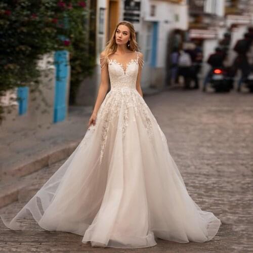 A-line Light Champagne Pearls Applique Lace Wedding Dress Sweep Train Sexy vestido de novia para boda civil Bridal Dress