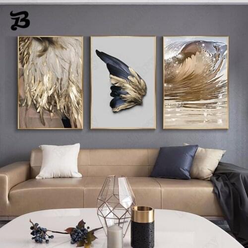 Nordic Abstract Canvas Painting Golden Butterfly Feather Sea Waves Modern Wall Art Golden Feather Posters for Living Room Decor