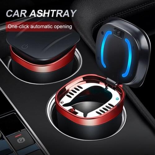 Car Ashtray Auto Cigarette Smoke Ash Tray with LED Blue Light Press-Type Lid Smokeless Flame Retardant Metal Cigarette Holder