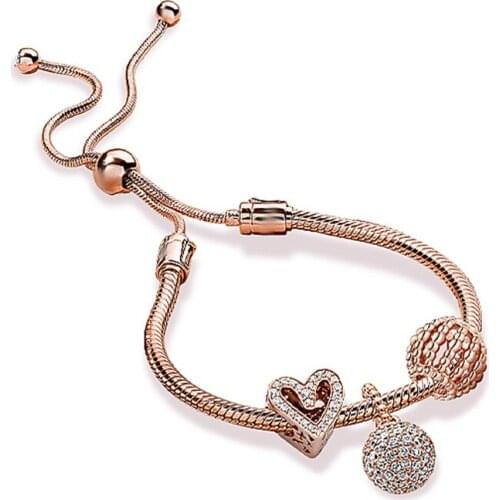 100% S925 terling Silver Rose gold hollow-out hand-painted heart pendant adjustable Pan bracelet high quality valentine