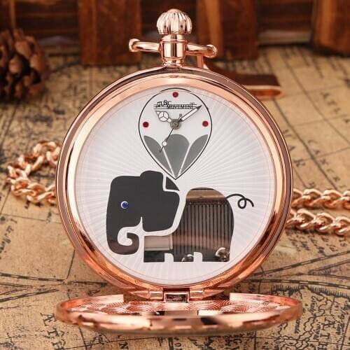 Rose Golden Color Elephant Animal Dial Hand Crank Playing Music Quartz Pocket Watch Steampunk Musical Movement FOB Chain Watch