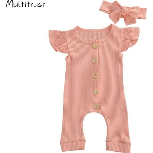 Newborn Baby Girl Sleeveless Long Pants Romper Jumpsuit with Headband Ruffles One Piece Button Up Sleeper Pajamas