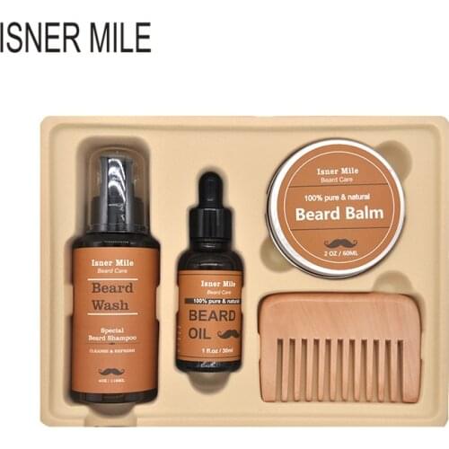 ISNER MILE 4pcs/set Beard Grooming kit Beard Oil Moisturizing Wax Smooth styling Blam Moustache Oil Beard Wash Beard Care kit