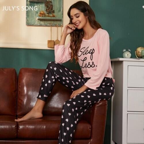 JULYS SONG Cotton Pajama Set Women Letter Love Print 2 Pieces Casual Trousers Long Sleeve Suit Pyjamas Spring Sleepwear