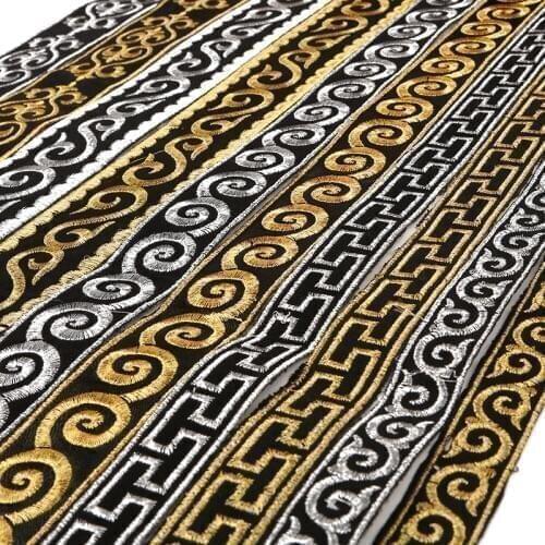 Gold Silver Braid Lace Trims Ribbon Applique Vintage Iron On Embroidered Lace Fabrics Gold Silver 4Meter Long