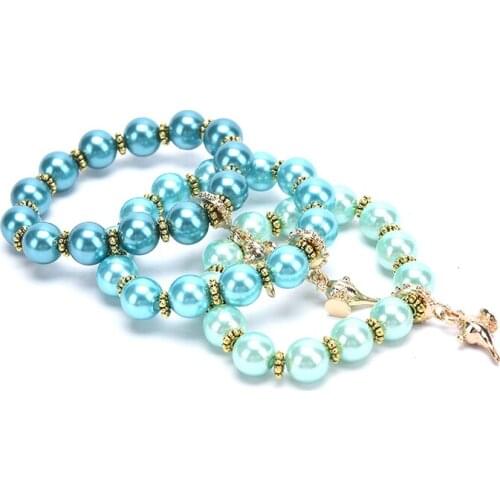 Fashion Baby Kids Elastic Bracelets Handmade Princess Jasmine DIY Pearl Bangles For Kids Girls Jewelry With Cartoon Pendant