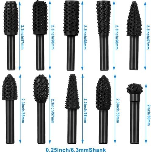 New 10pcs Router Bits Woodworking File Rasp Drill Bit 1/8 Inch Shank + 10pcs Router Burrs Embossed Grinding Head 1/4 Inch Shank