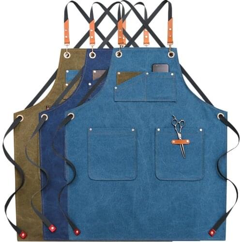 Solid Denim Cafe House Cleaning Bib Canvas Hairdresser Apron Cooking Baking Pocket Coffee Pinafore Apron For Kitchen Accessories