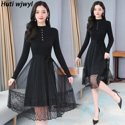 Autumn Winter Knitting Cotton Vintage Vestidos 2021 Plus Size Women Bodycon Long Sleeve Black Dress Party Sexy Lace Midi Dresses