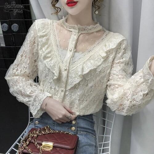 Autumn V-neck Mesh Stitched Ruffle Blouse Women Elegant Stand Collar Hollow Lace Shirt Flare Long Sleeve Top Women Blusas 16850