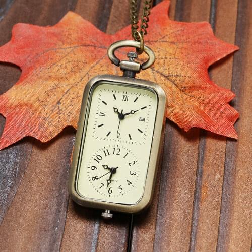 Retro Dual Time Zone Rectangle Quartz Pocket Watch Bronze Pendant Necklace Chain Gift For Men Women Relogio De Bolso
