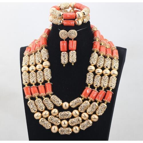 Luxury Dubai Gold Wedding Necklace Bridal Jewelry Sets African Fashion Coral Beads Statement Jewelry Se Free Shipping CNR747