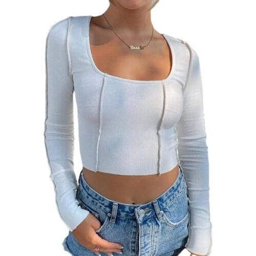 Sexy Square Neck T Shirt Women Long Sleeve Slim Cropped Tee Shirts 2021 Autumn Ribbed Basic Casual Street Wear Top