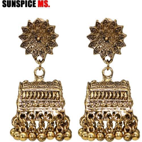 SUNSPICE MS Retro Vintage Indian Earring Jewelry Women Wedding Bijoux Antique Gold Color Hollow Pillow Drop Bell Earrings Egypt