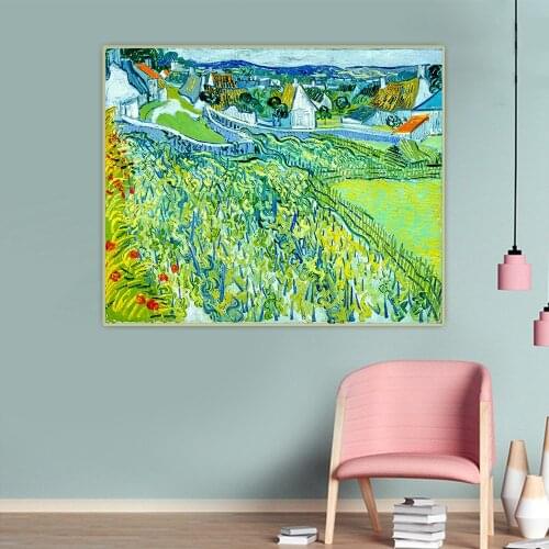Van Gogh《Vineyards with a View of Auvers》Canvas Oil Painting Artwork Aesthetic Picture Poster Wall Hanging Decor Home Decoration