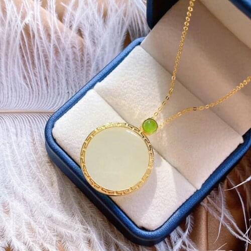 Xiangyun Ruyi Square Plate Sterling Silver Gilding Inlaid Natural Hotian Jade Pendant Tranquility and Peace Plate Necklace Simp