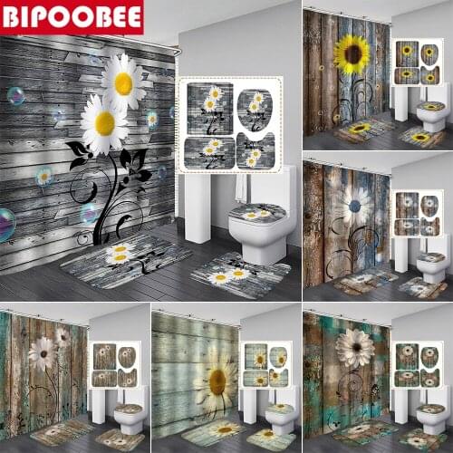 White Flowers Wood Grain Printed Shower Curtain Bath Mat Sets Non-Slip Pedestal Rug Toilet Cover Waterproof Bathroom Curtains